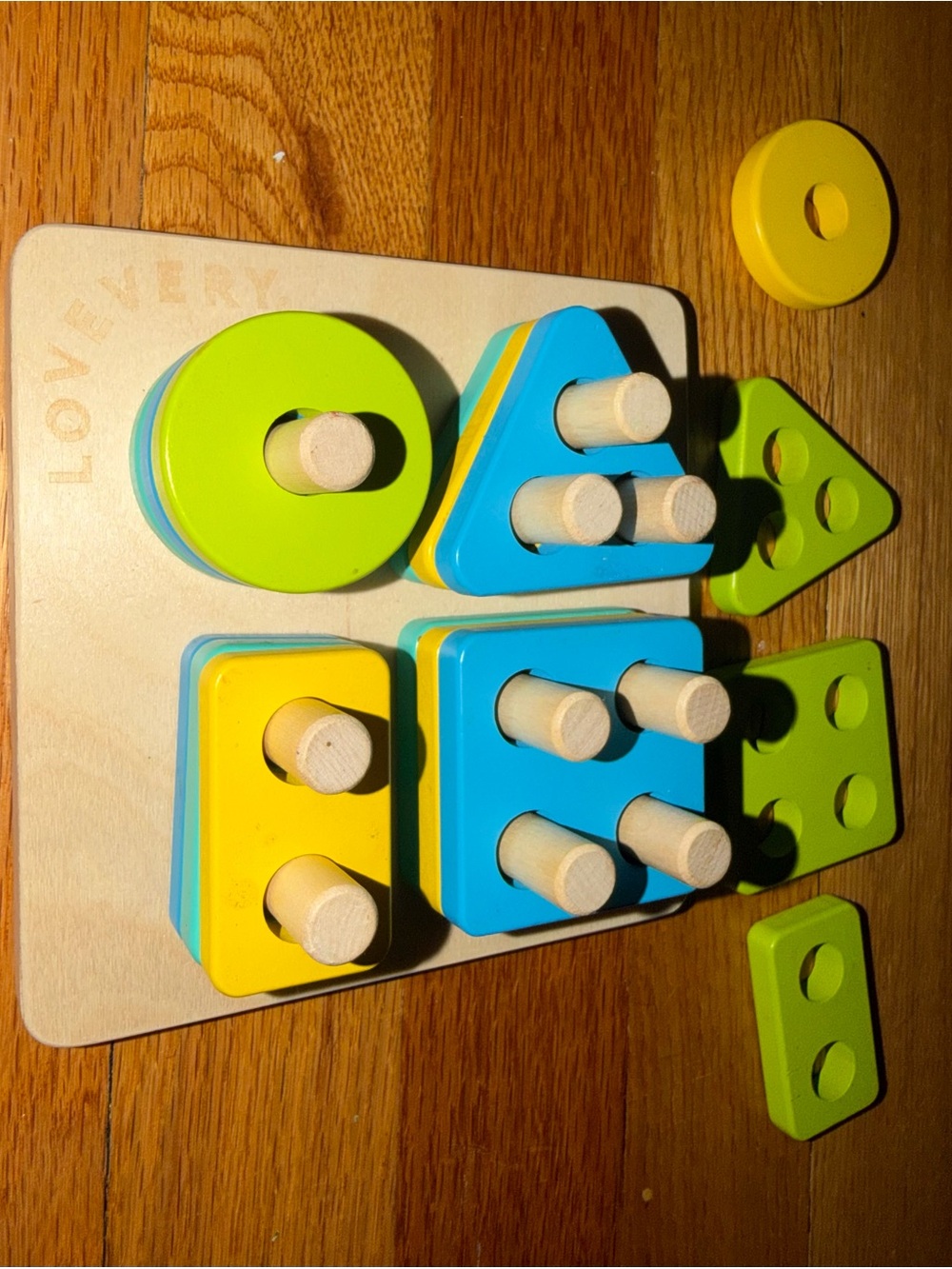 Wooden Shape Stacking Puzzle - Blue, Yellow, Green